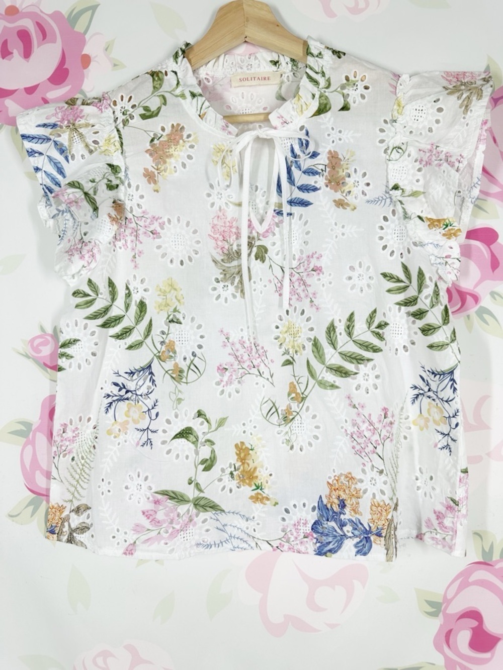 Solitaire White Eyelet Floral Tie-Neck Flutter-Sleeve Summer Spring Blouse S - Picture 1 of 7